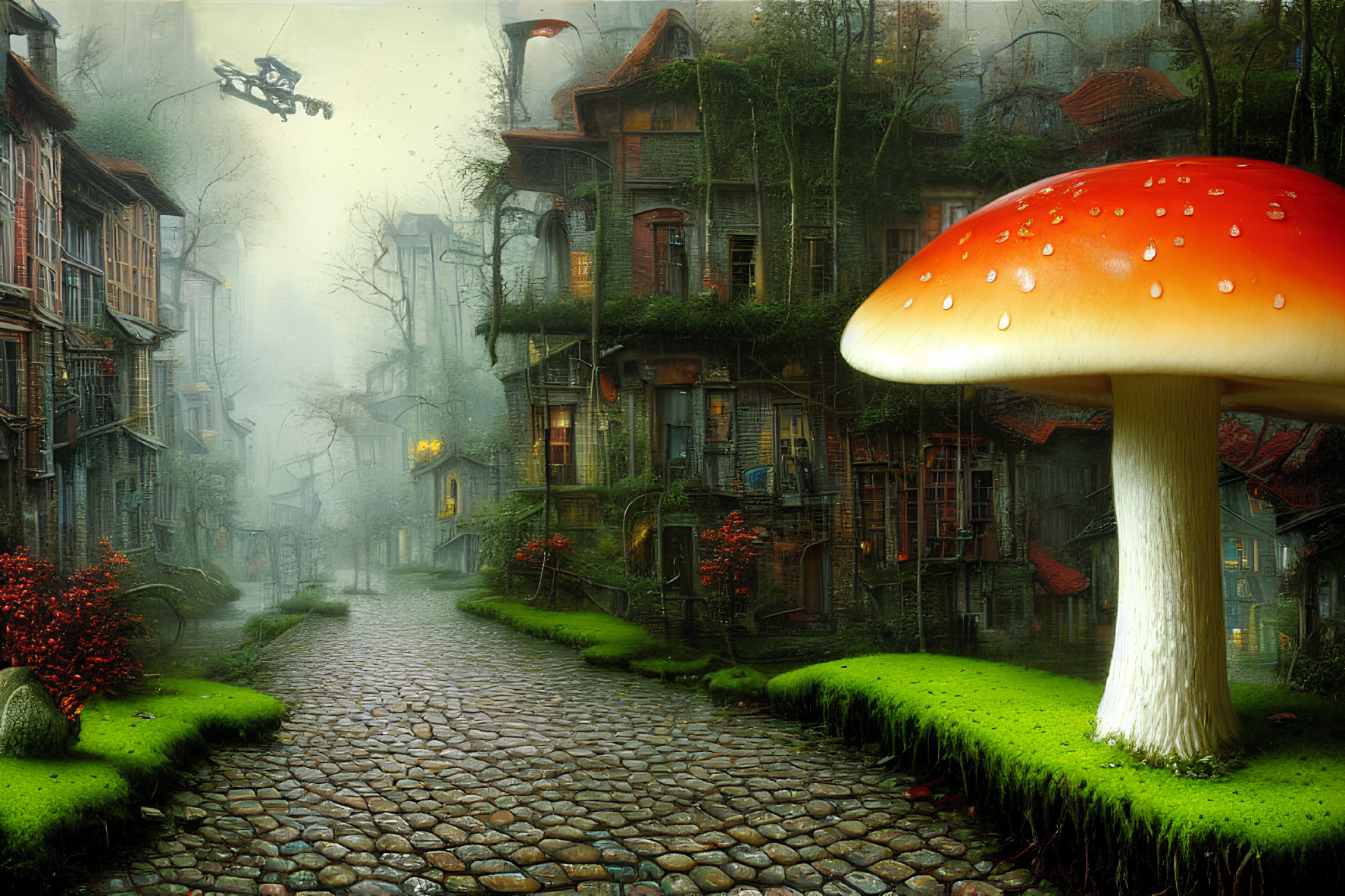 Enchanting cobblestone street with quaint houses and flying vehicle in magical foggy scene