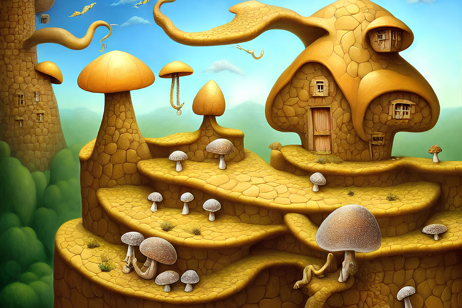 Vibrant landscape with mushroom-shaped houses on rolling hill