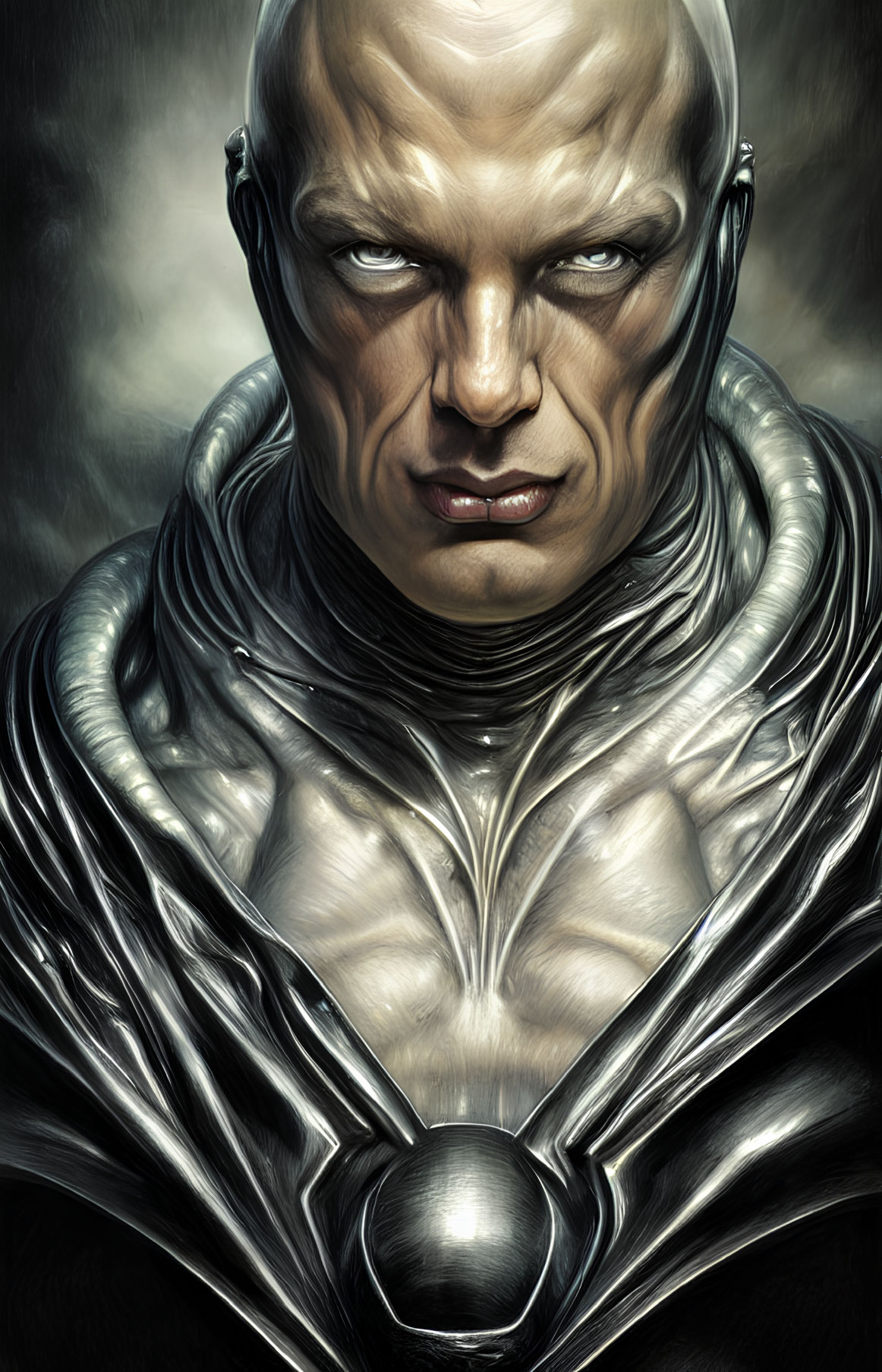 Bald-headed figure in futuristic silver armor suit