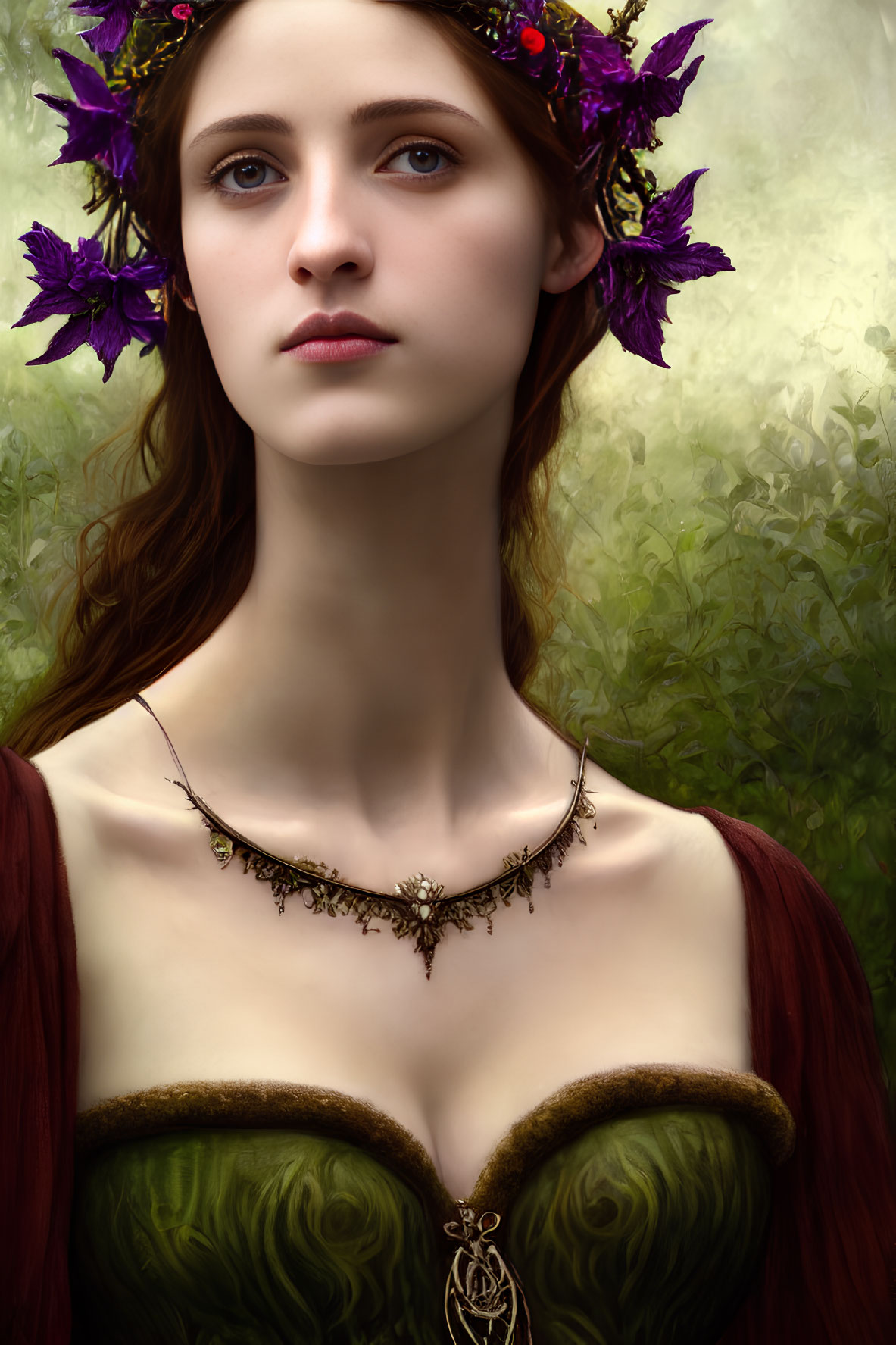 Woman portrait with floral crown and pendant, serene gaze, green nature background