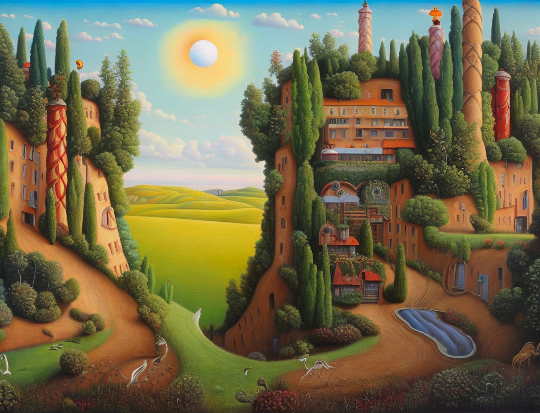 Whimsical surreal landscape with greenery, hills, sun, and cypress trees