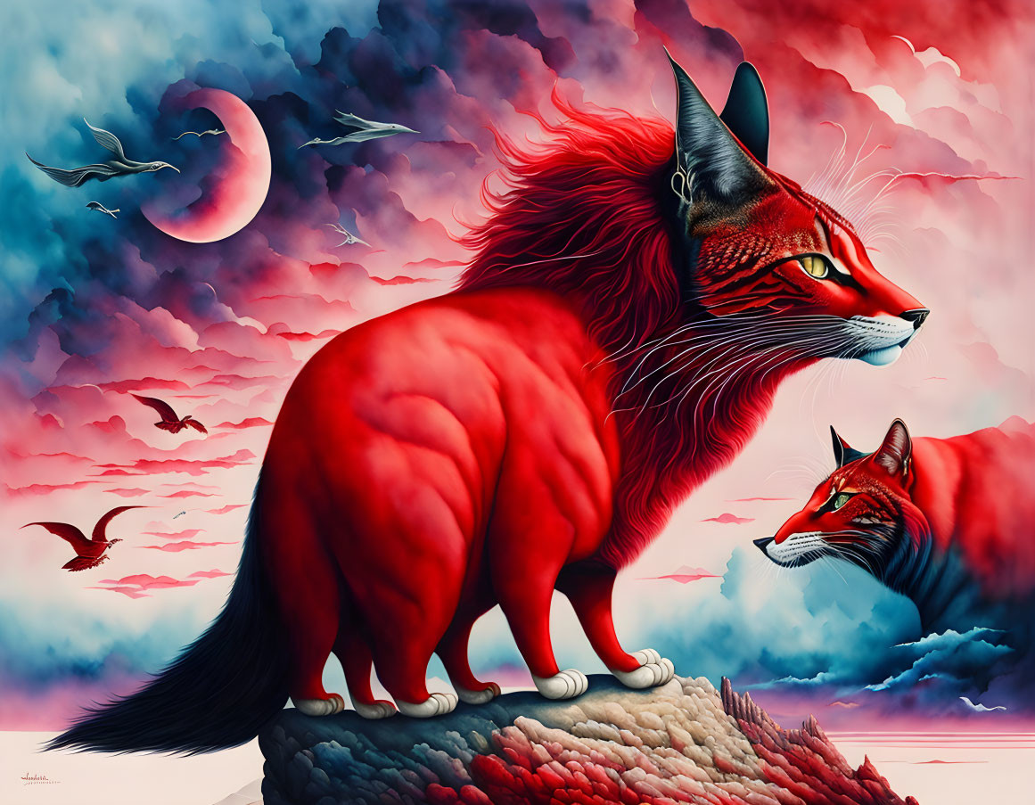 Colorful Illustration of Mystical Red Fox under Crescent Moon