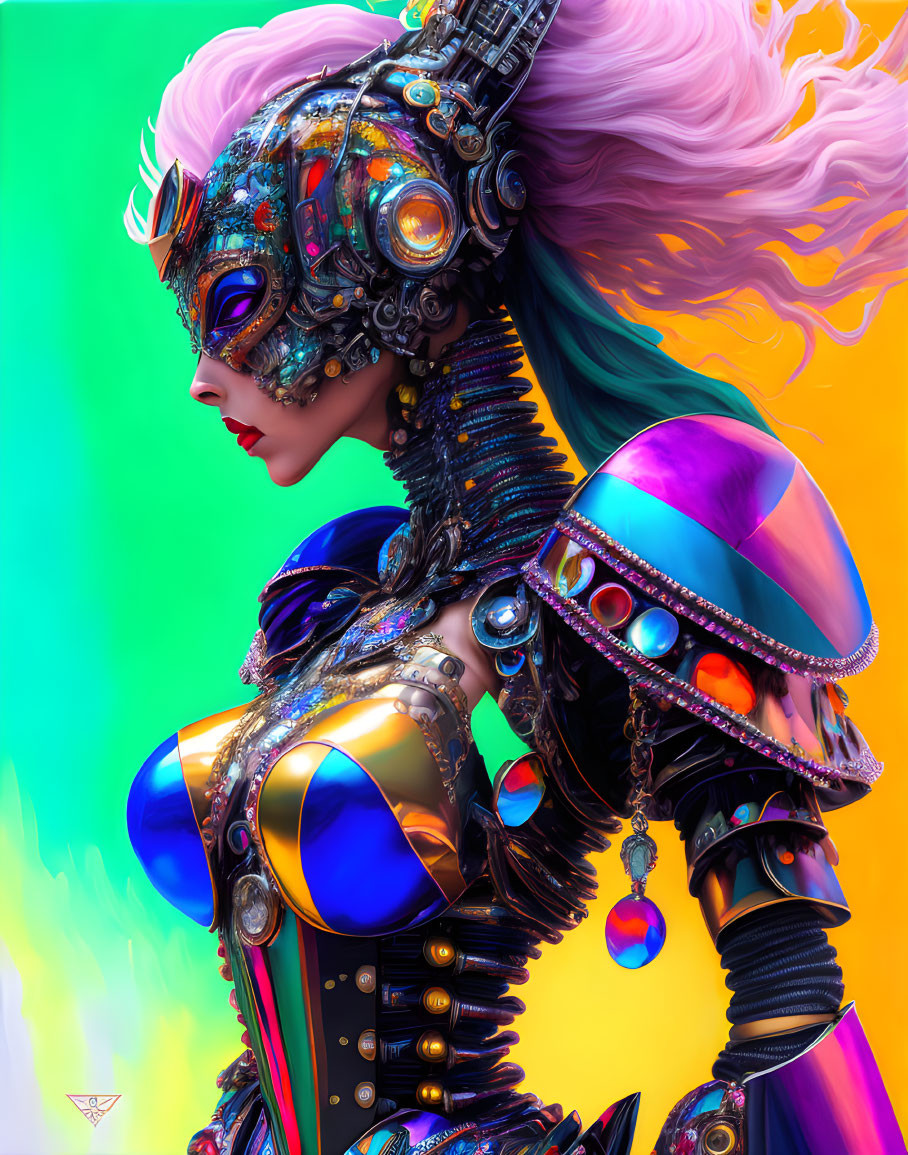 Colorful digital artwork: Female figure in ornate armor with detailed mask and pink hair on vibrant backdrop