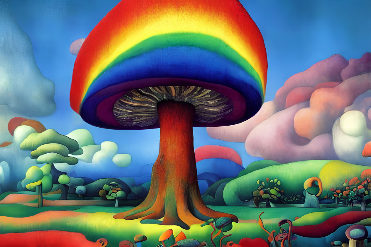 Colorful fantasy landscape with giant rainbow mushroom and whimsical trees