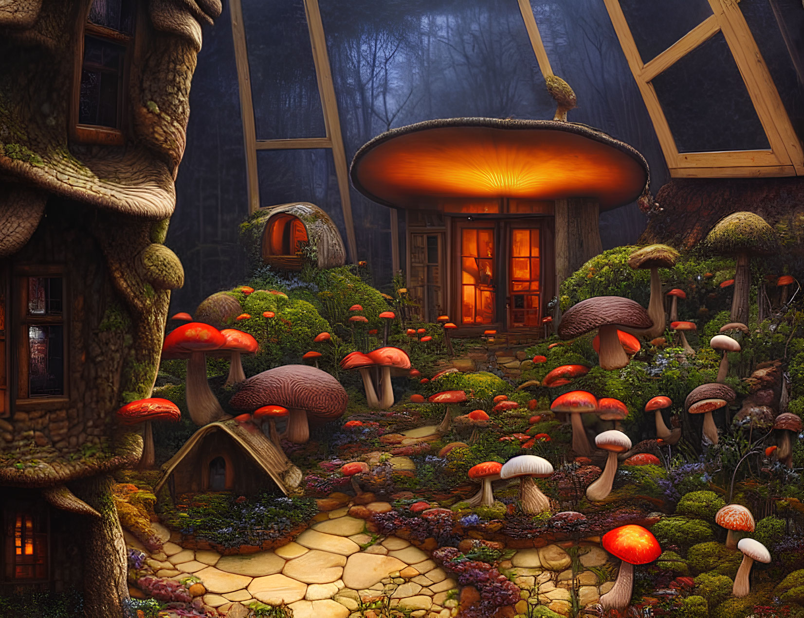 Enchanting forest scene with cozy cottage, oversized mushrooms, lush greenery