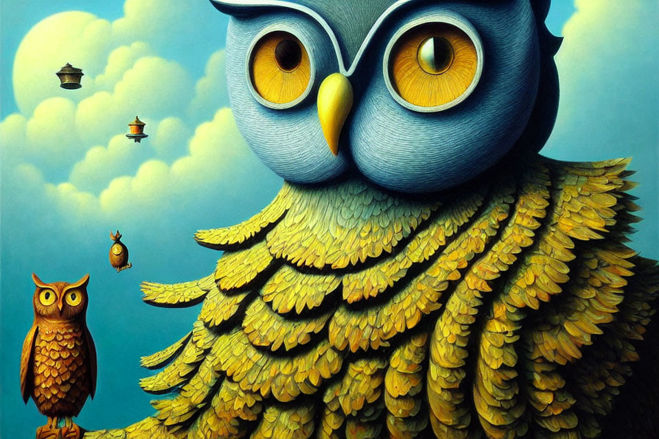 Colorful Illustration of Whimsical Owls and Lanterns in Blue Sky