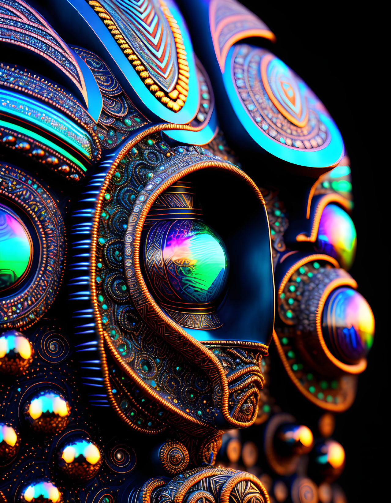 Colorful fractal patterns with neon glow on dark background