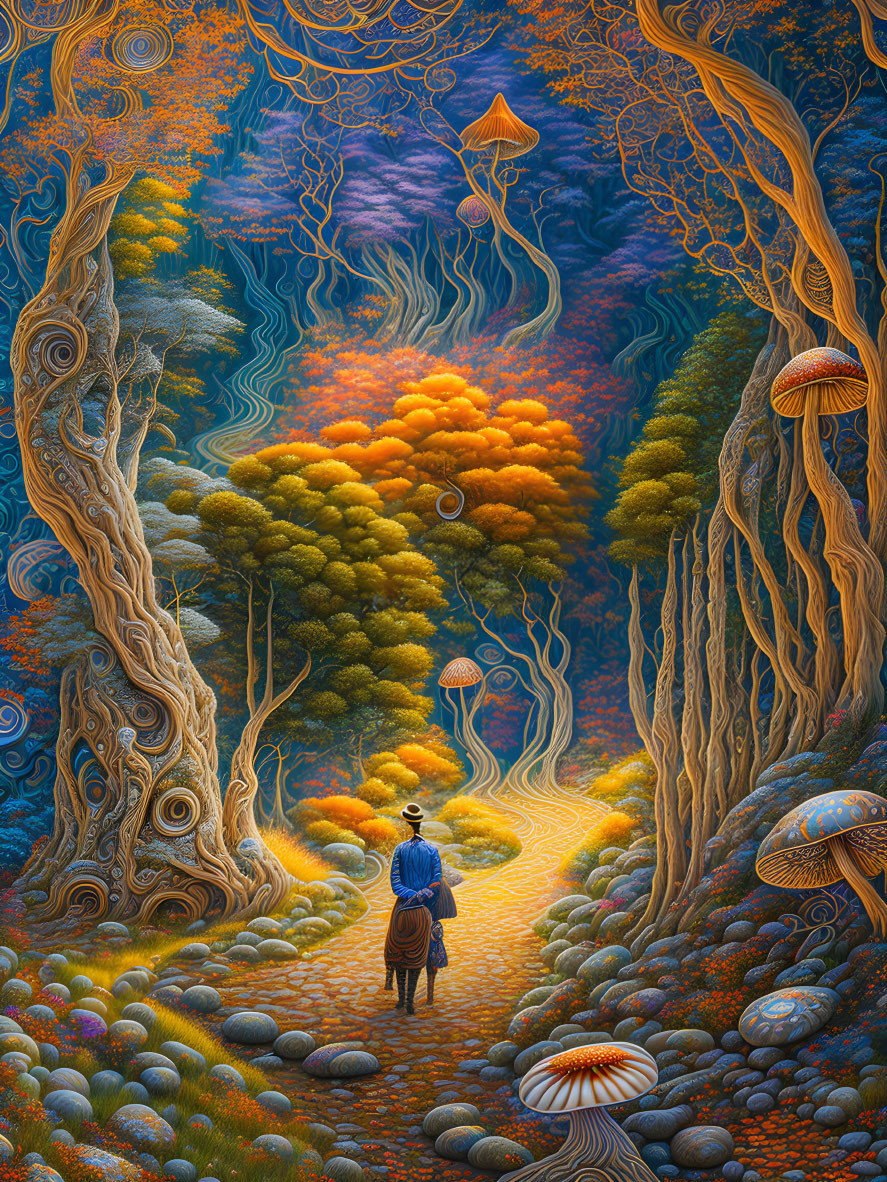 Surreal forest path with whimsical trees and oversized mushrooms