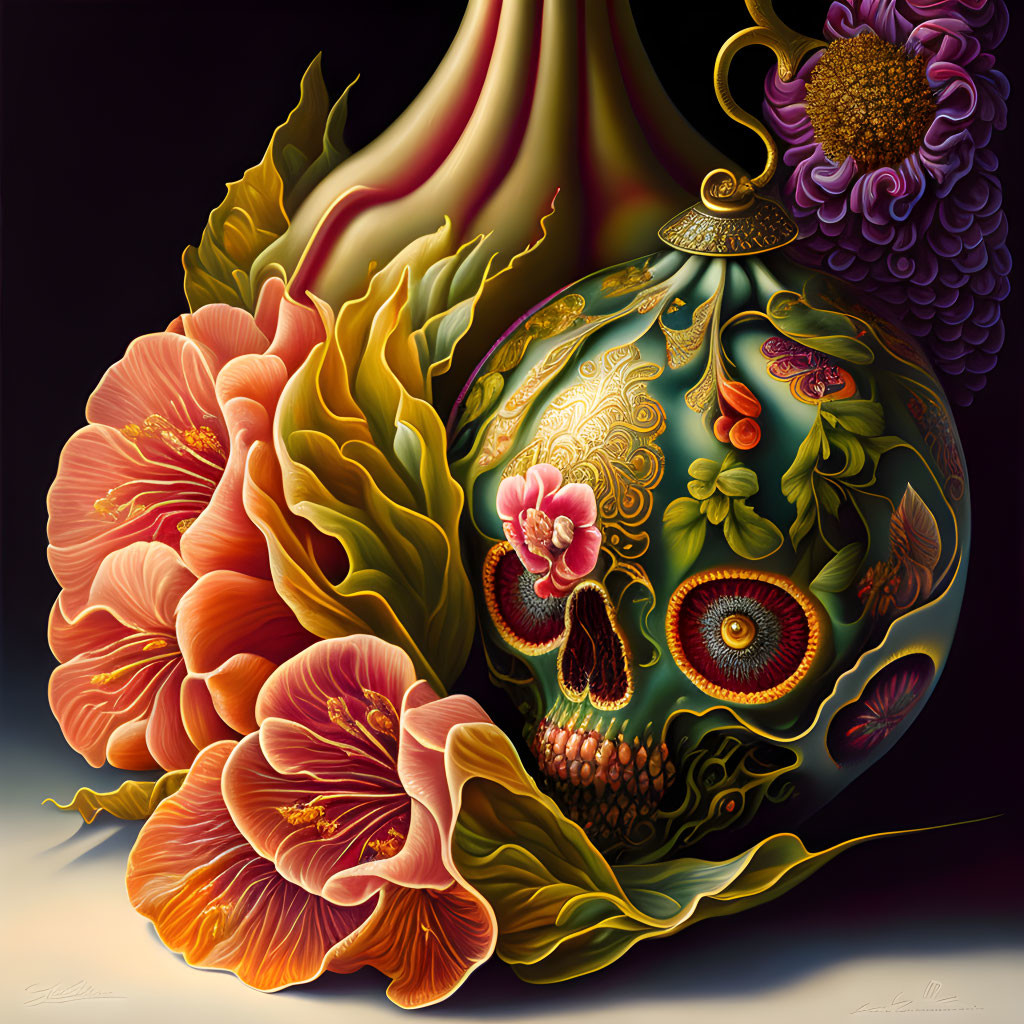 Colorful floral artwork with orange, purple flowers, and ornate patterns on dark background