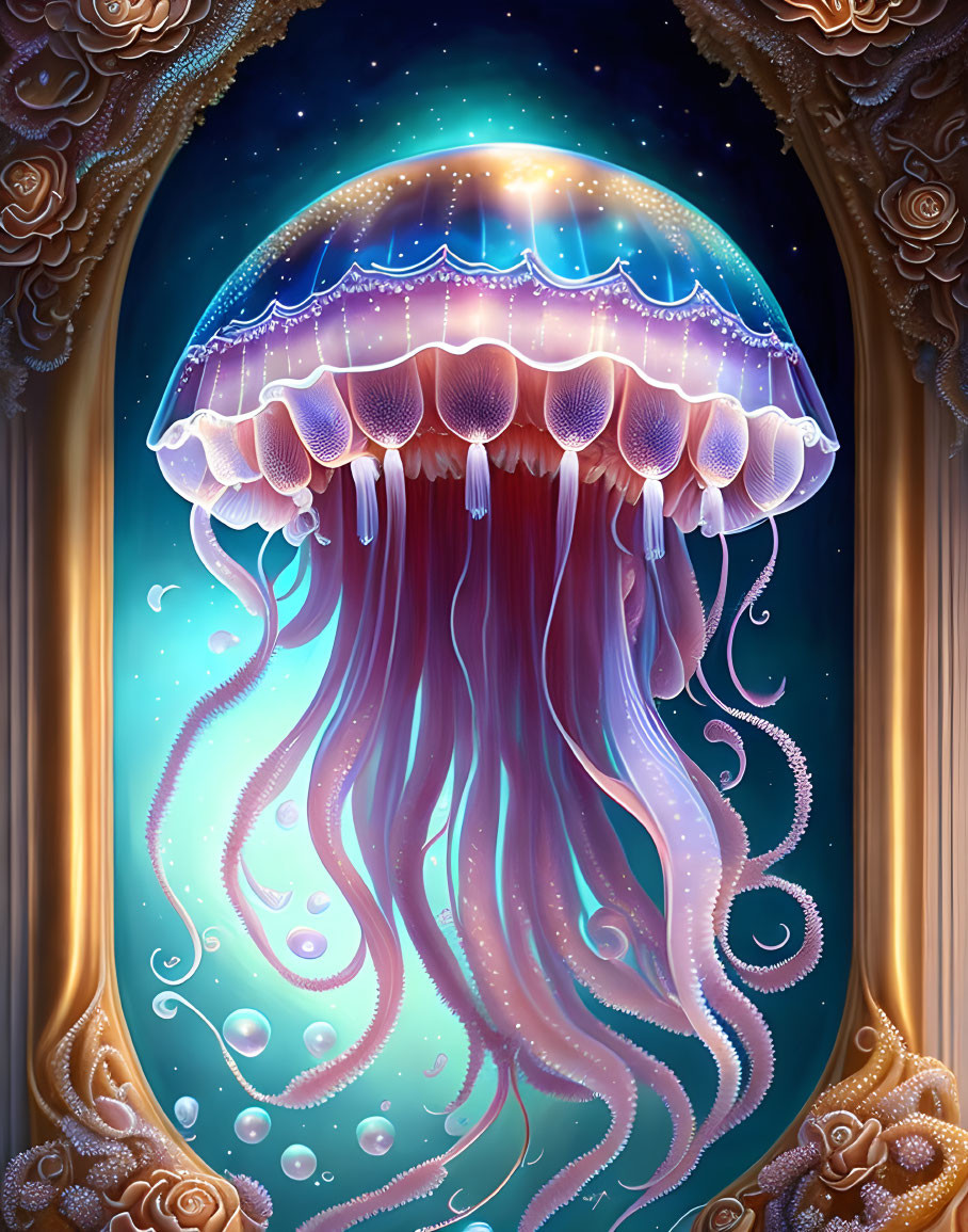 Glowing jellyfish illustration in mystical underwater scene