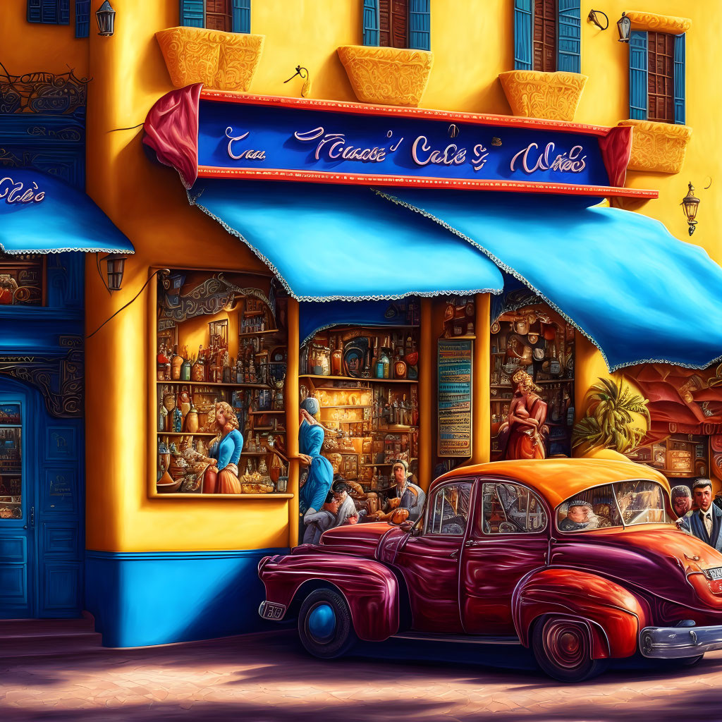 Colorful street scene with red car, blue awning cafe, and bustling crowd.