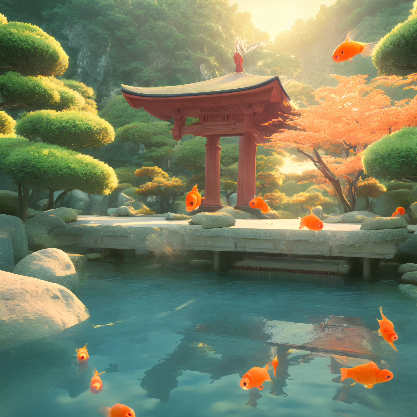 Japanese Torii Gate Over Pond with Koi Fish and Greenery