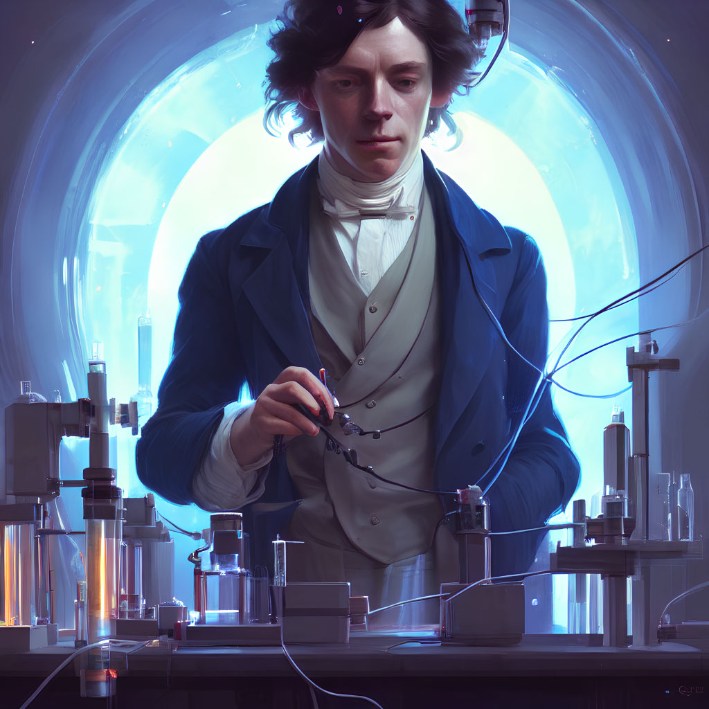 Person in historical clothing using scientific equipment in futuristic lab setting