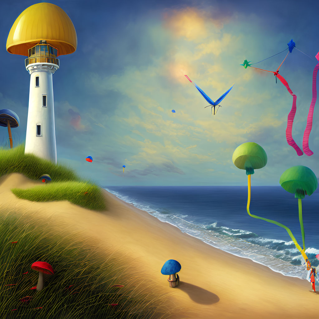 Colorful coastal scene with lighthouse, kites, and whimsical trees.