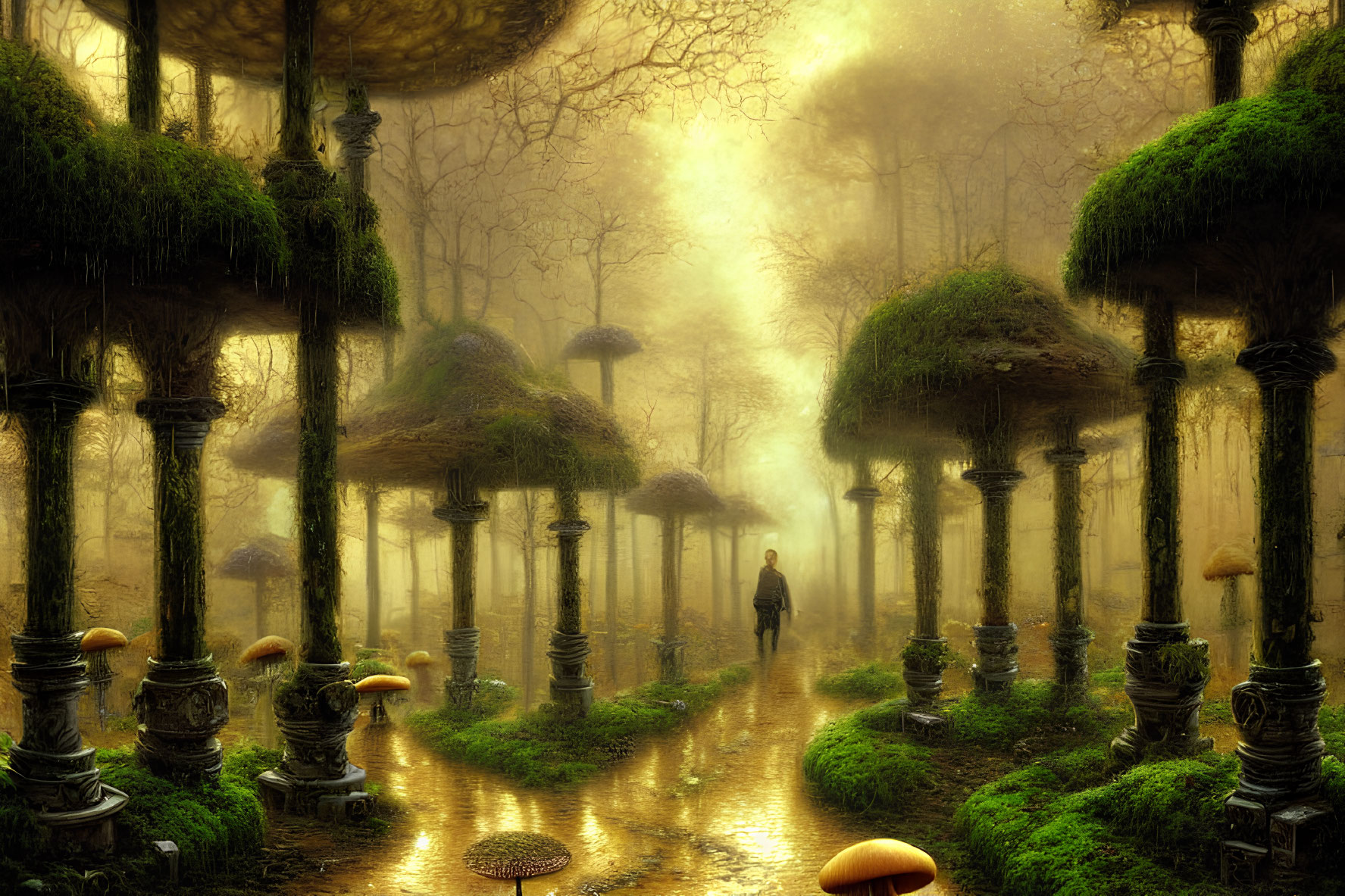 Enchanted forest path with oversized mushrooms and fog-covered trees