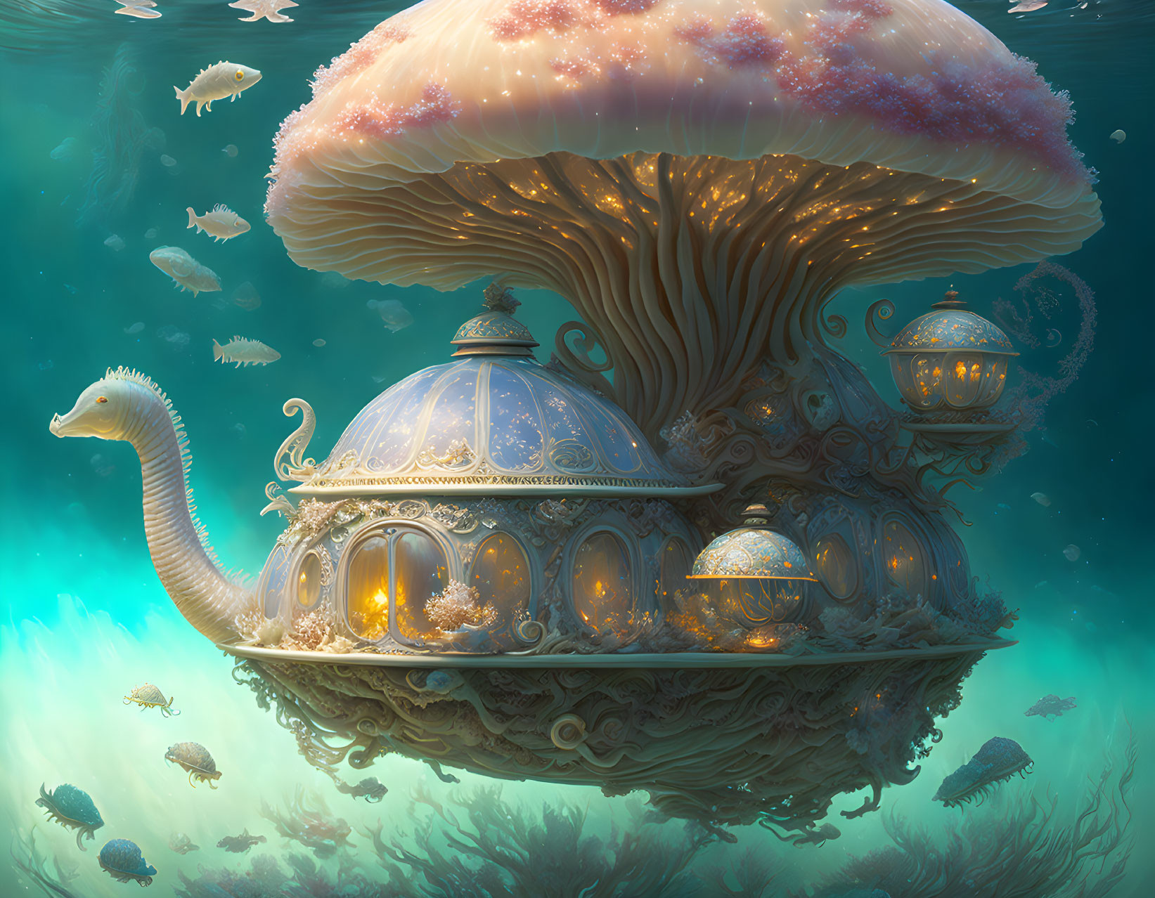 Fantastical jellyfish structure with ornate underwater buildings and sea creatures