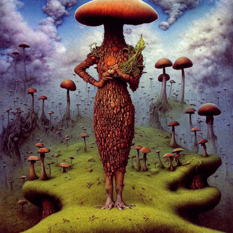 Fantastical humanoid tree figure with mushroom cap head holding a green fairy in a mushroom-covered landscape under