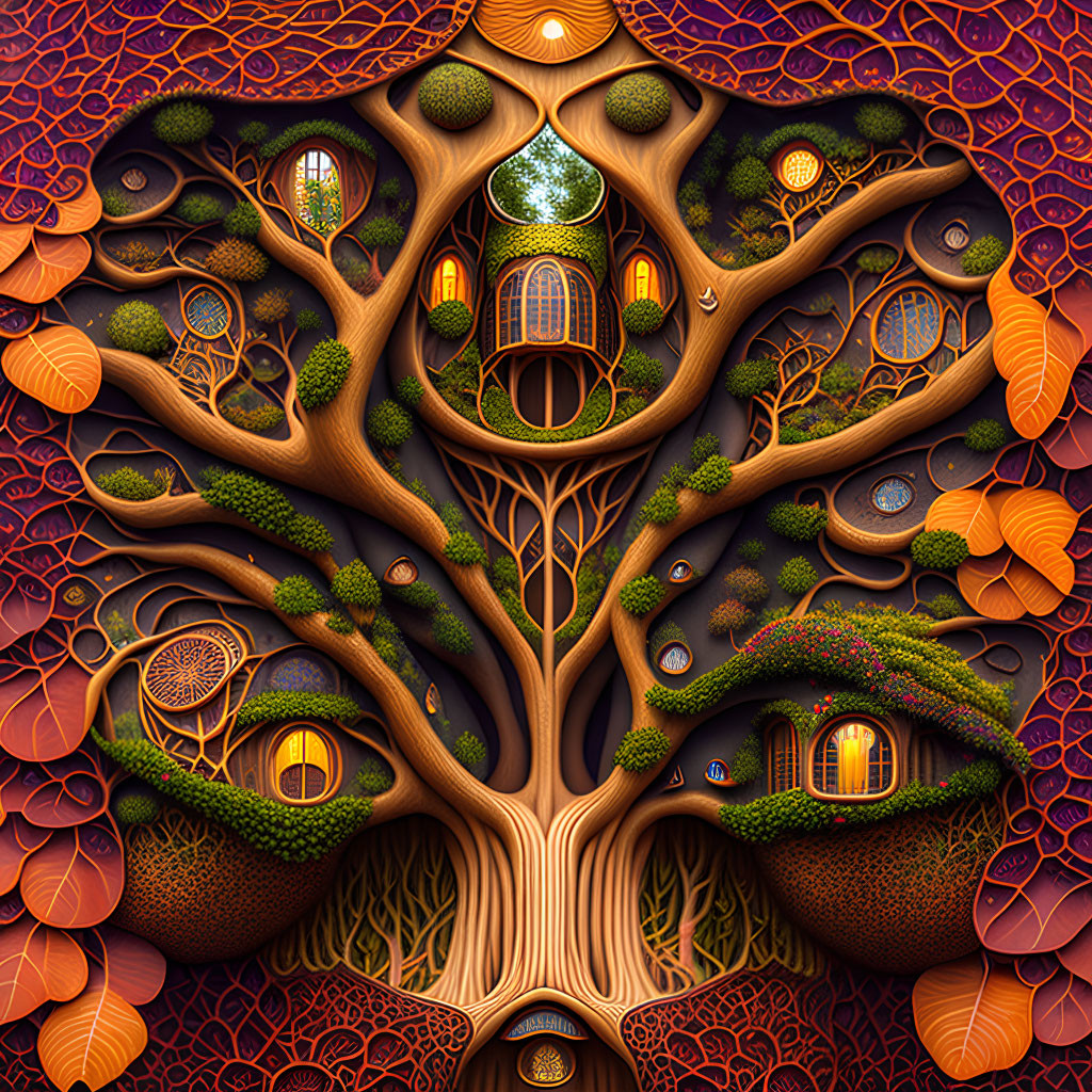 Detailed digital artwork: Whimsical tree with intricate branches forming rooms