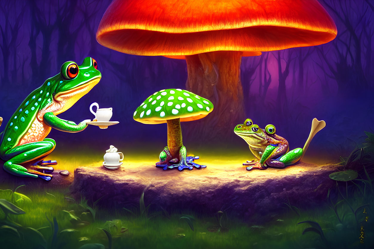 Colorful Frogs Under Fantasy Mushrooms in Luminous Forest Tea Party