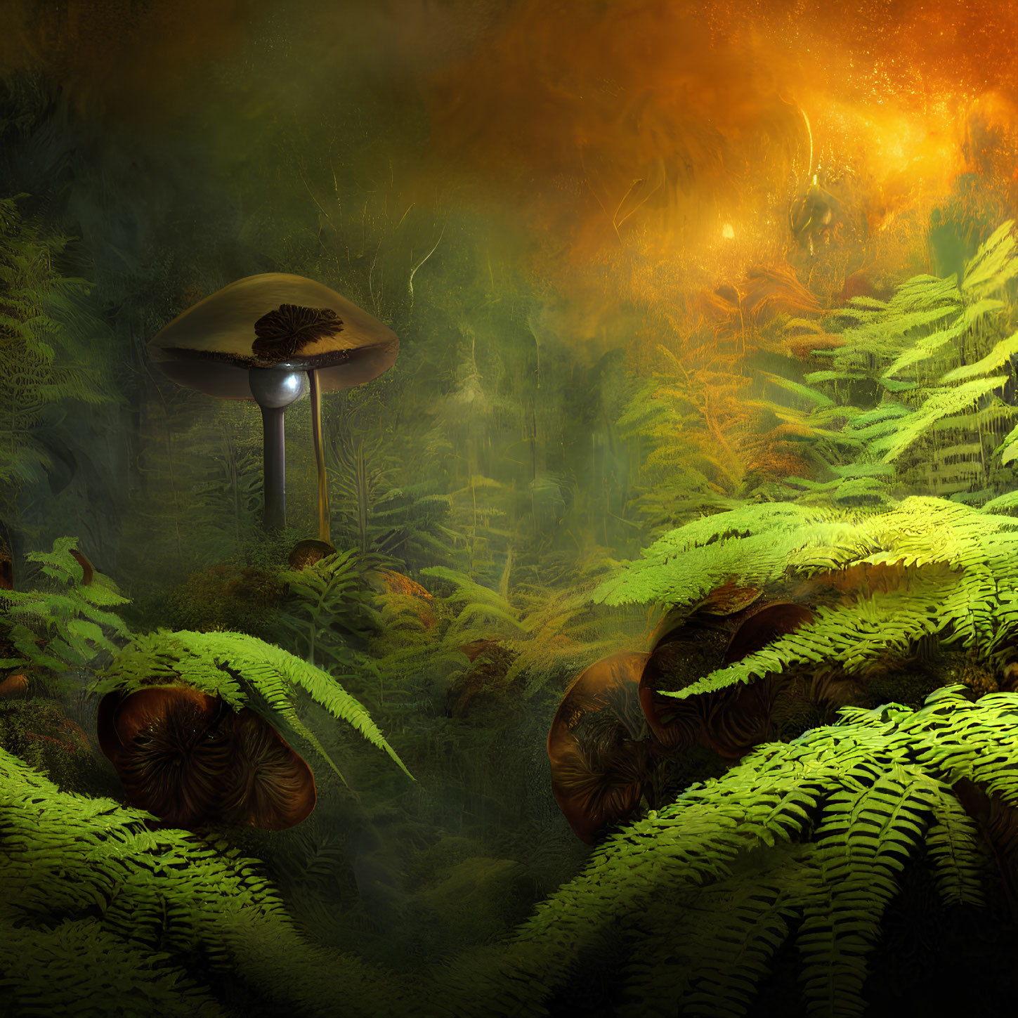 Surreal forest scene with vibrant ferns and oversized mushrooms