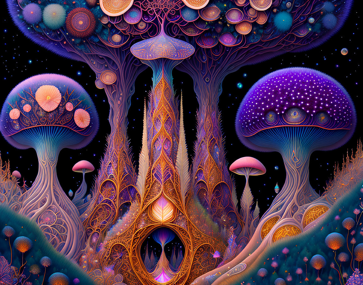 Colorful Psychedelic Mushroom and Plant Illustration on Starry Background