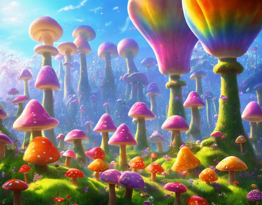 Colorful Fantasy Forest with Oversized Mushrooms and Blue Sky