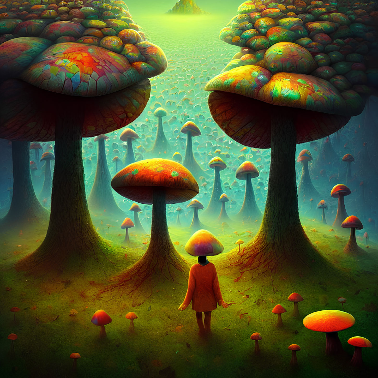 Vibrant surreal forest with oversized colorful mushrooms