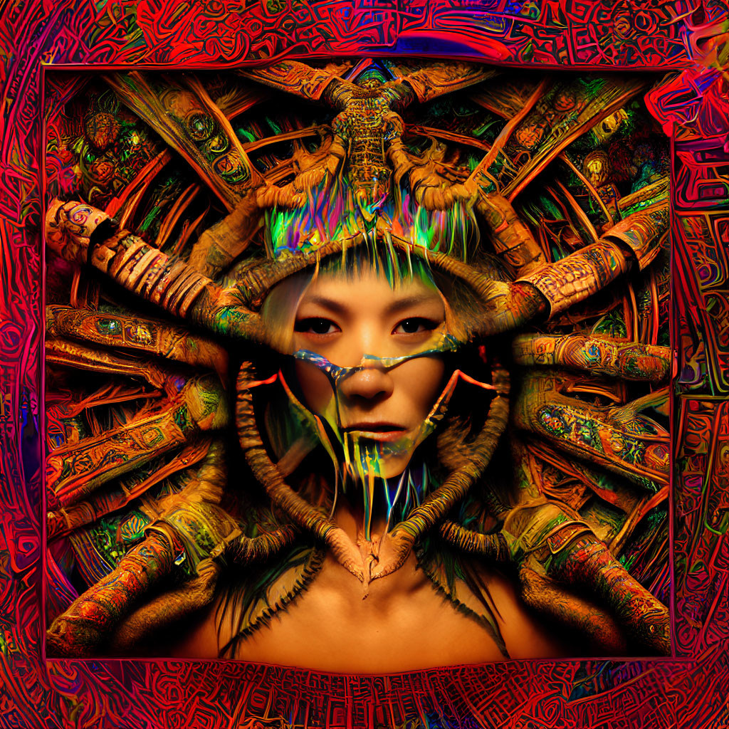 Colorful digital artwork: Woman's face surrounded by intricate patterns & mystical creatures