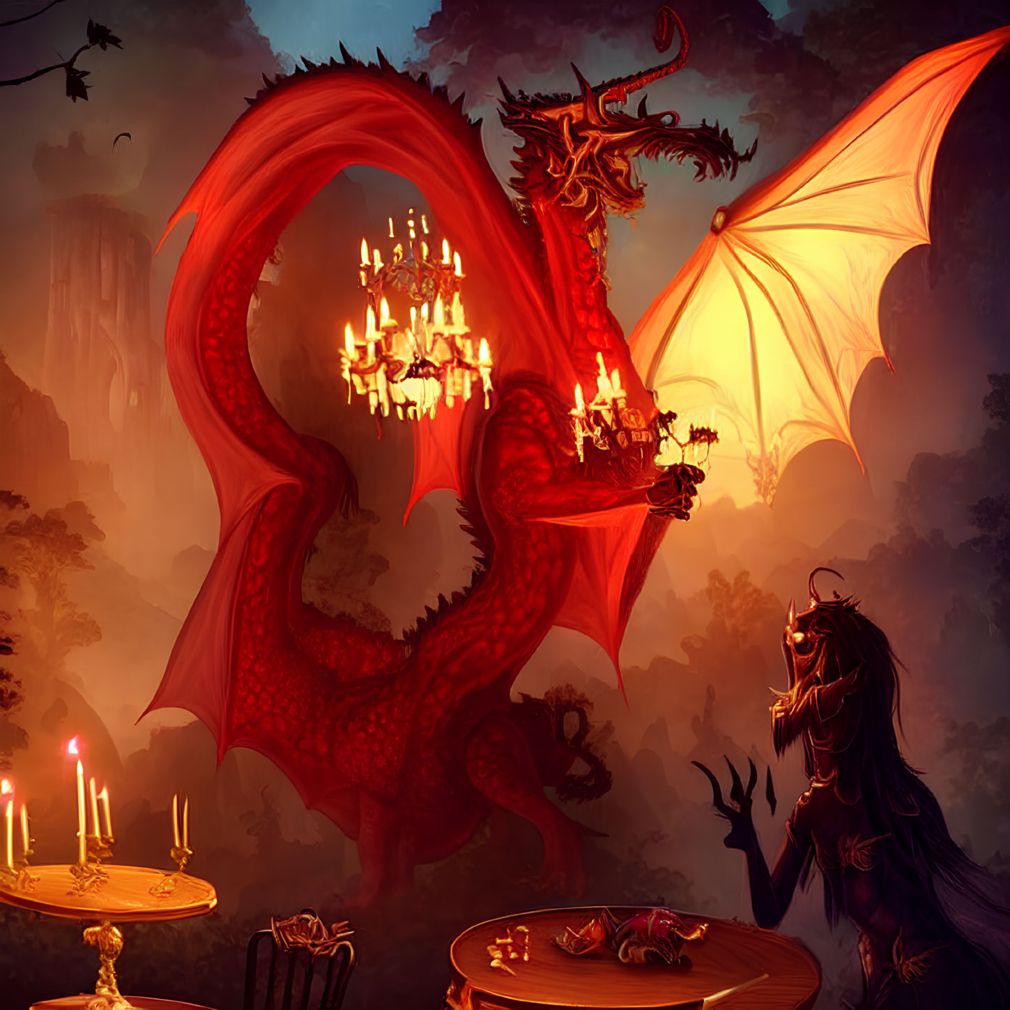 Red dragon with glowing eyes holding chandelier in dark, candle-lit room with enigmatic figure.