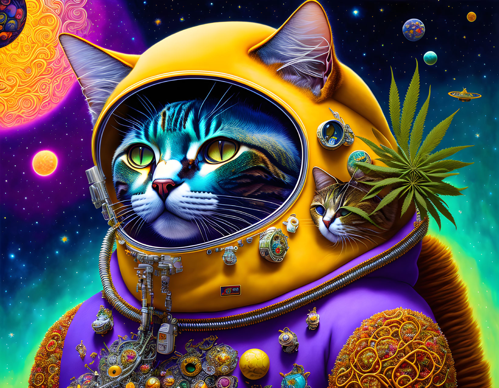 Colorful Astronaut Cat in Psychedelic Space Scene