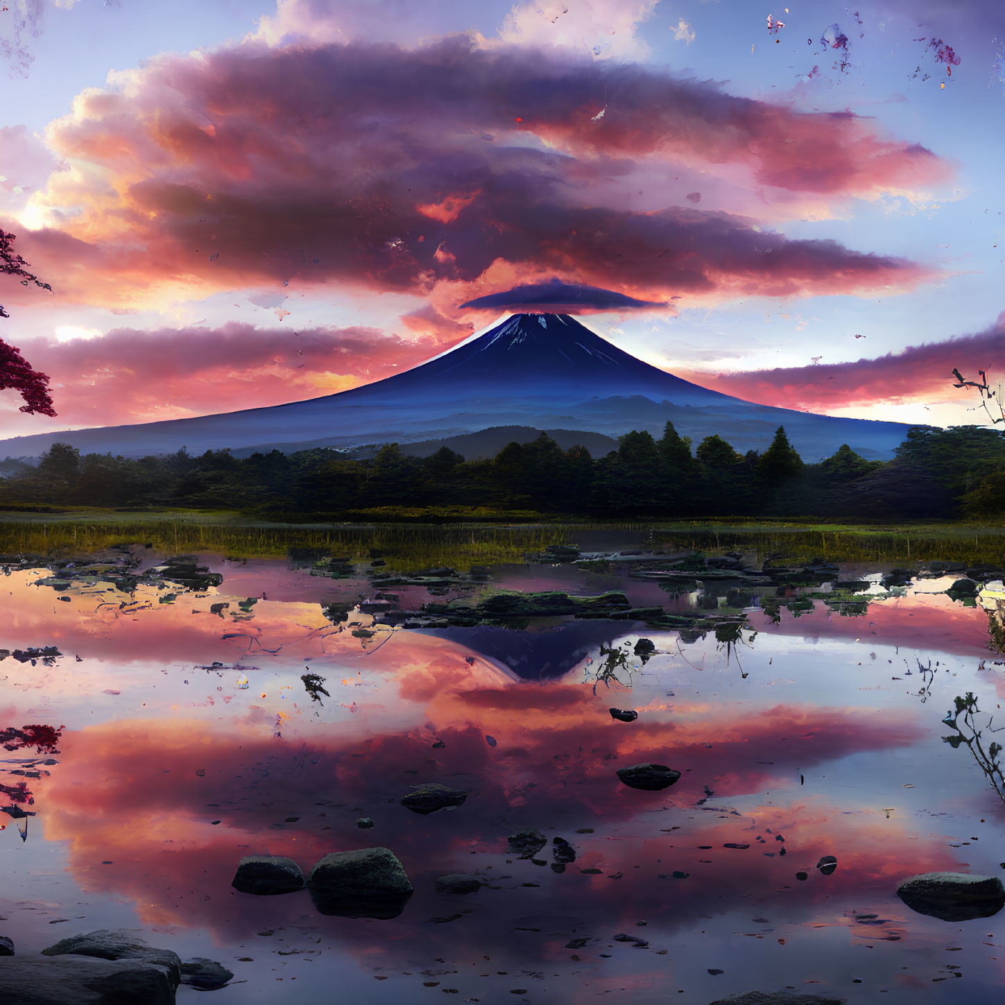 Scenic landscape: vibrant sunset over serene lake and Mount Fuji