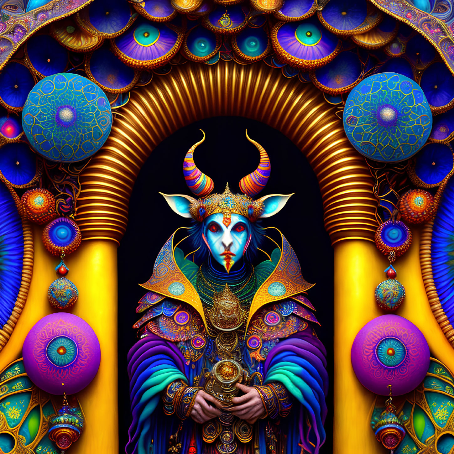 Colorful Anthropomorphic Deity Artwork with Goat Head & Intricate Patterns