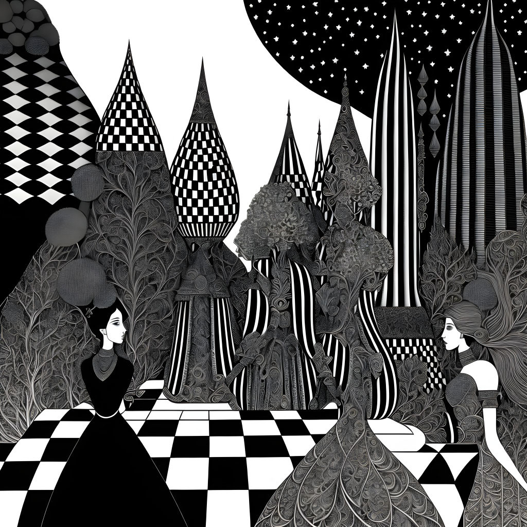 Monochrome fantasy illustration of two female figures in intricate landscape