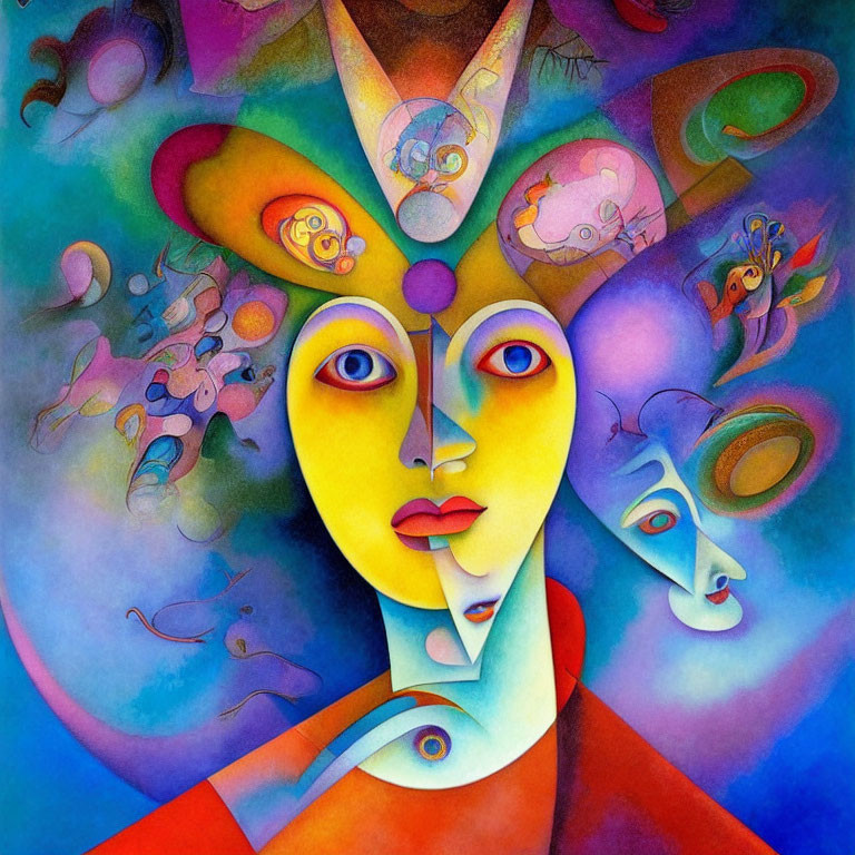 Colorful Abstract Painting: Central Figure with Multiple Faces