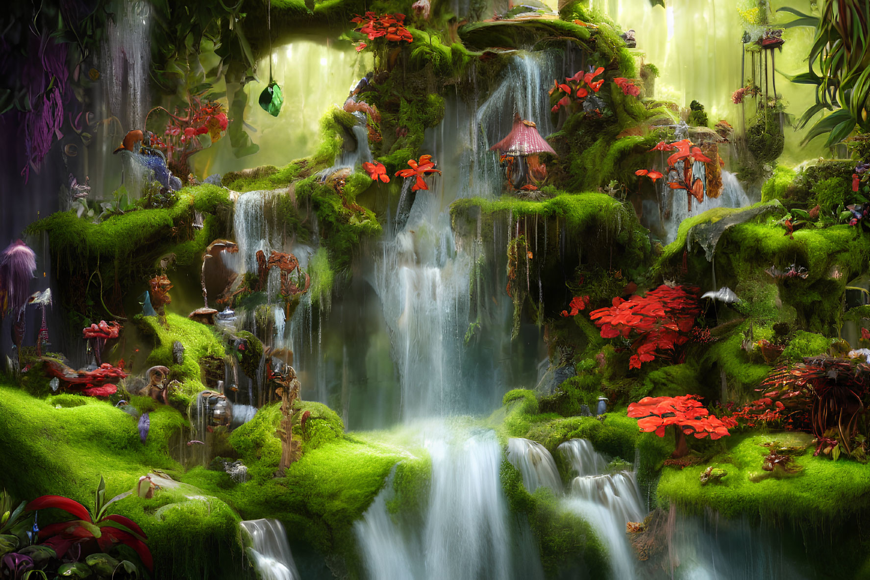 Enchanted forest scene with waterfalls, moss-covered rocks, flowers & fantasy dwellings