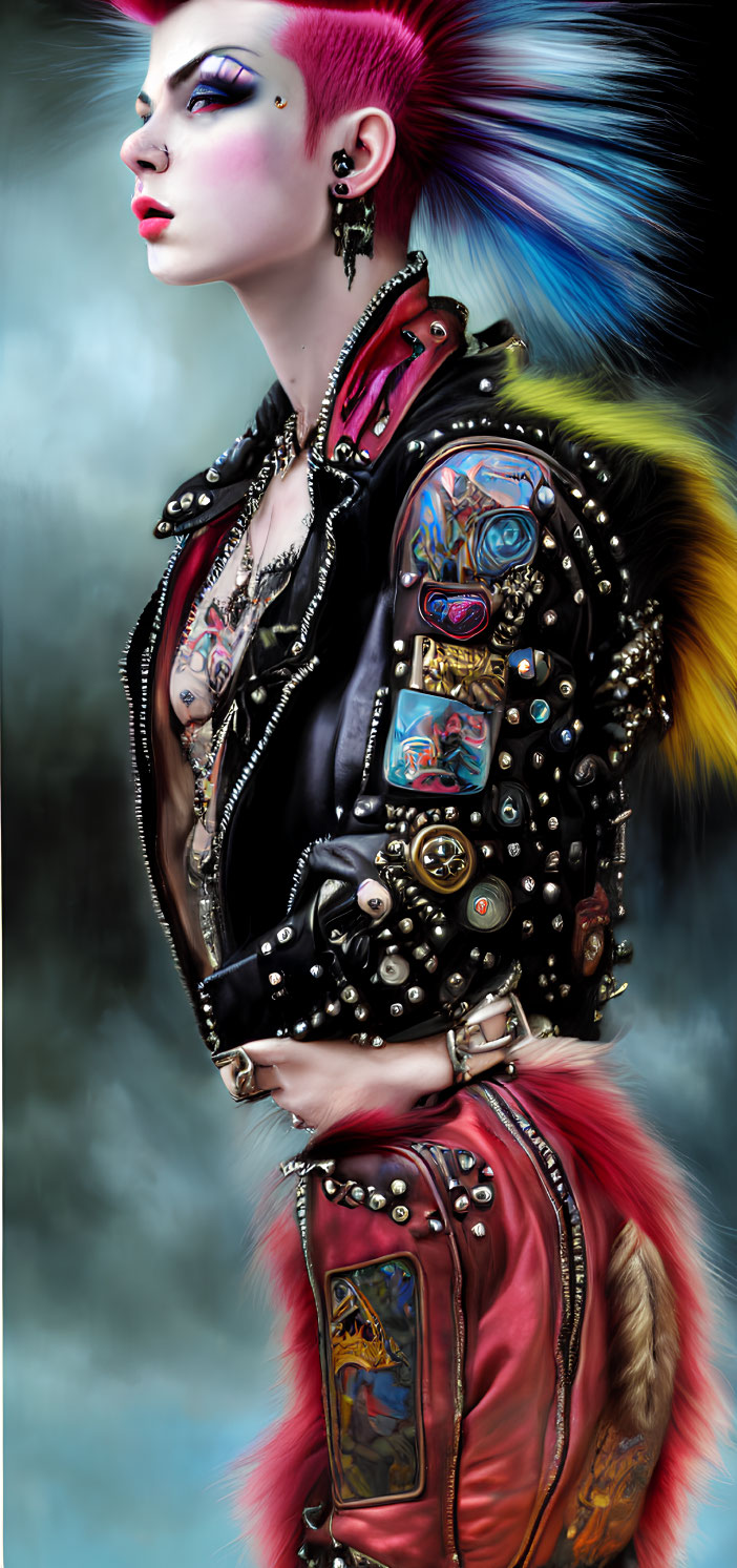 Vibrant punk person with mohawk, leather jacket, tattoos, and heavy makeup