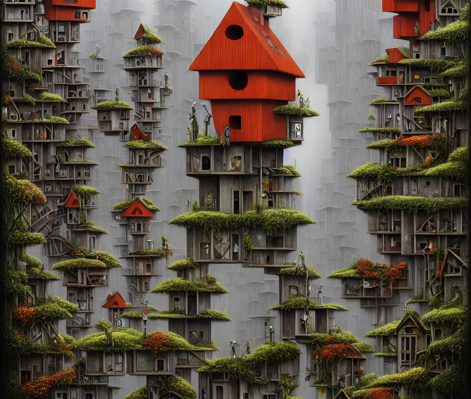 Fantastical cityscape with giant red birdhouse in lush greenery