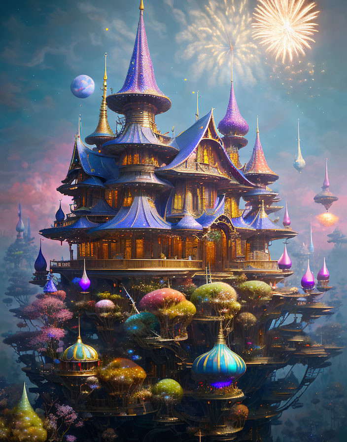 Fantastical Floating Structure with Golden Roofs and Fireworks