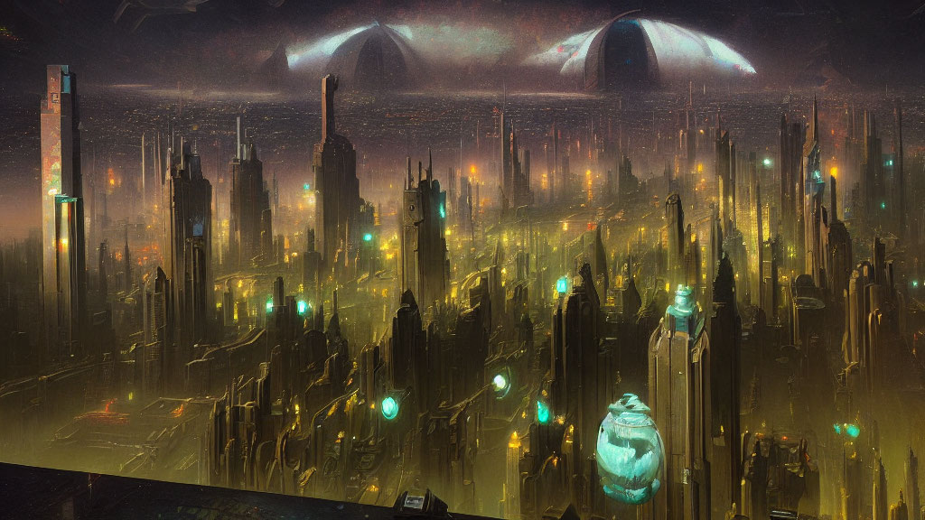 Futuristic night cityscape with neon-lit skyscrapers and domes