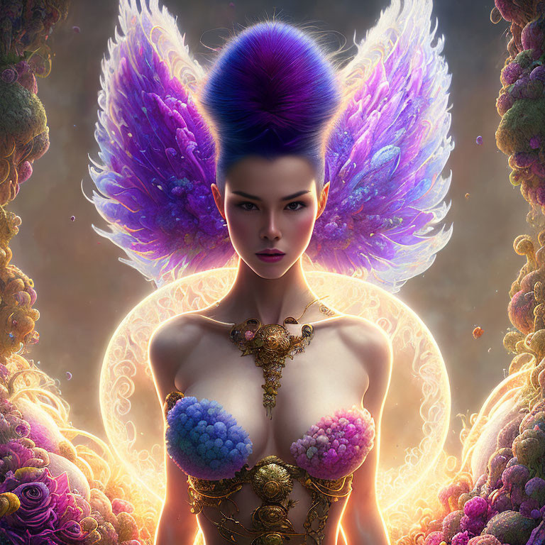 Vibrant purple hair woman with wings and golden jewelry on floral backdrop