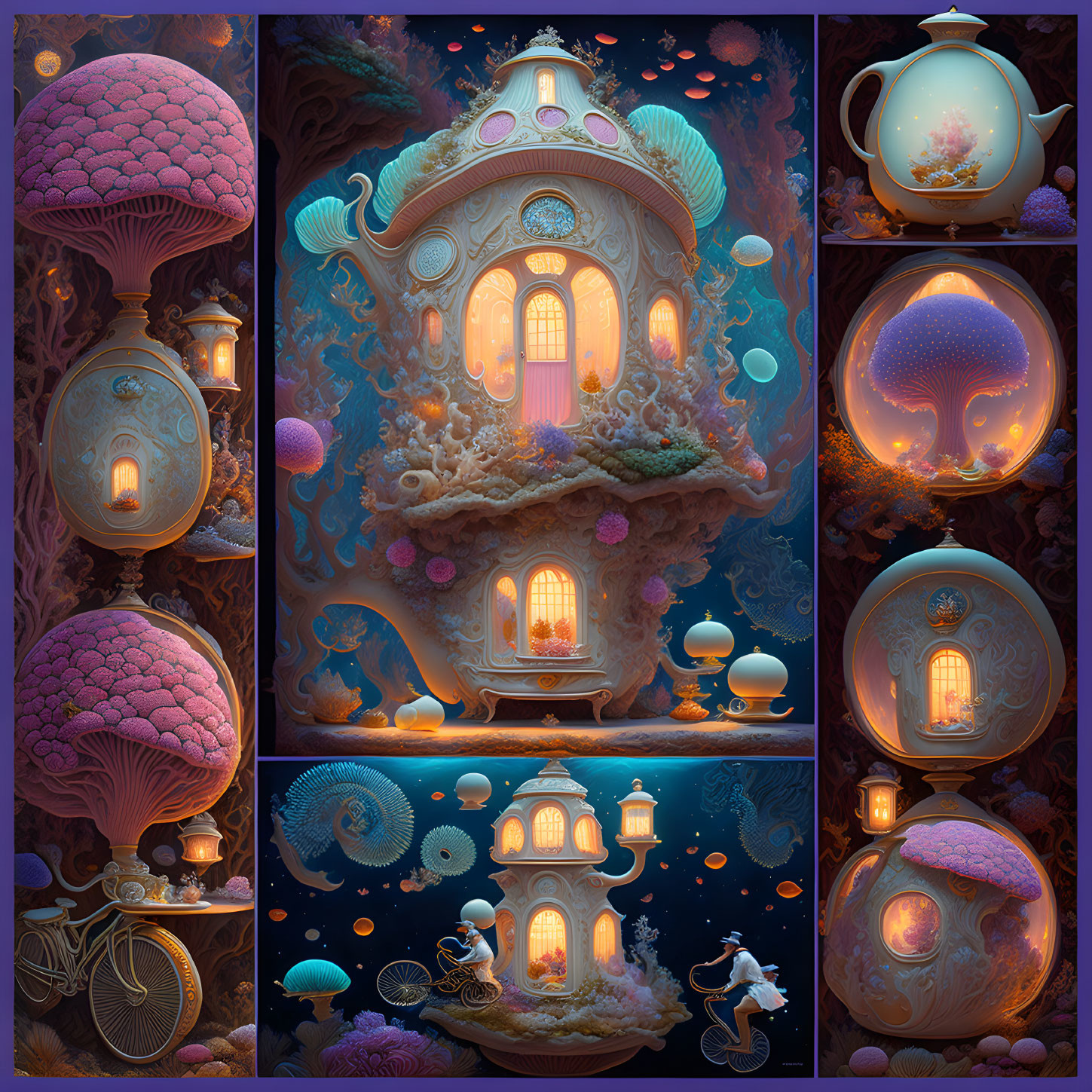 Whimsical marine-themed fantasy montage with coral, fish, and Victorian architecture.