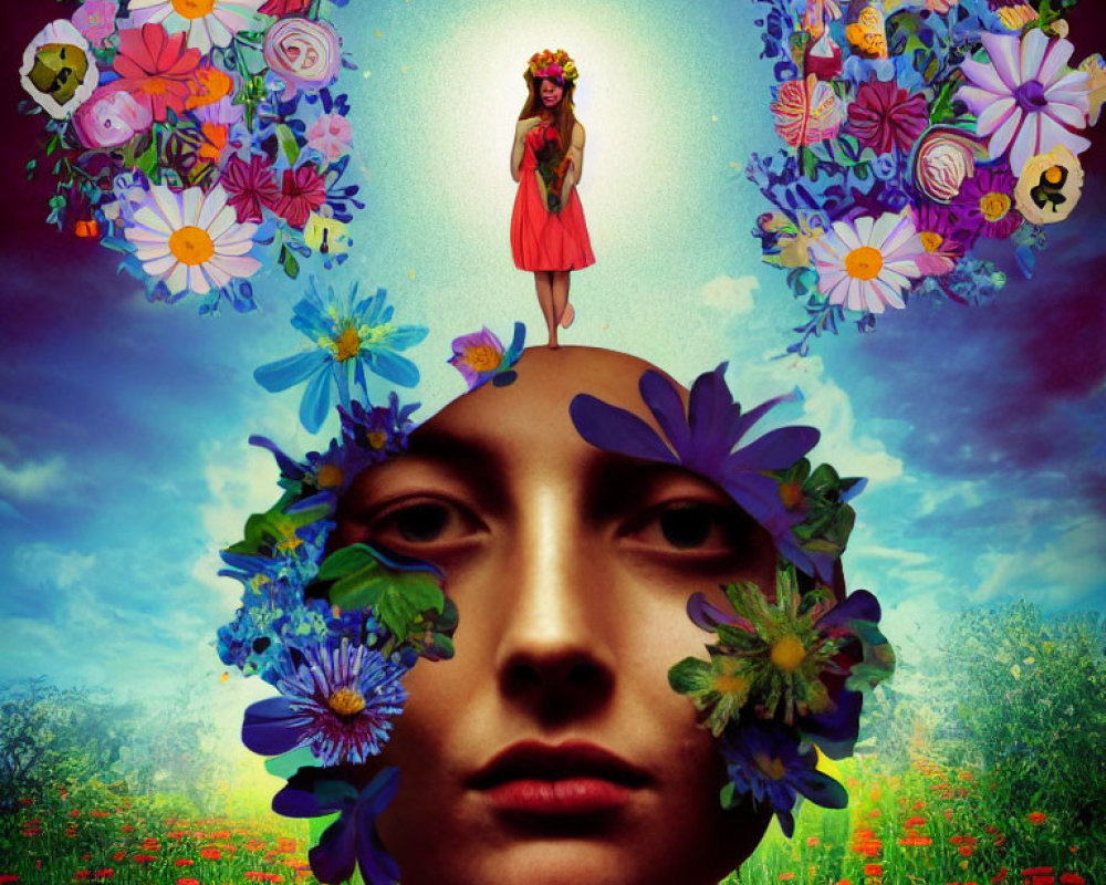 Giant face with floral wreath and small figure in surreal landscape