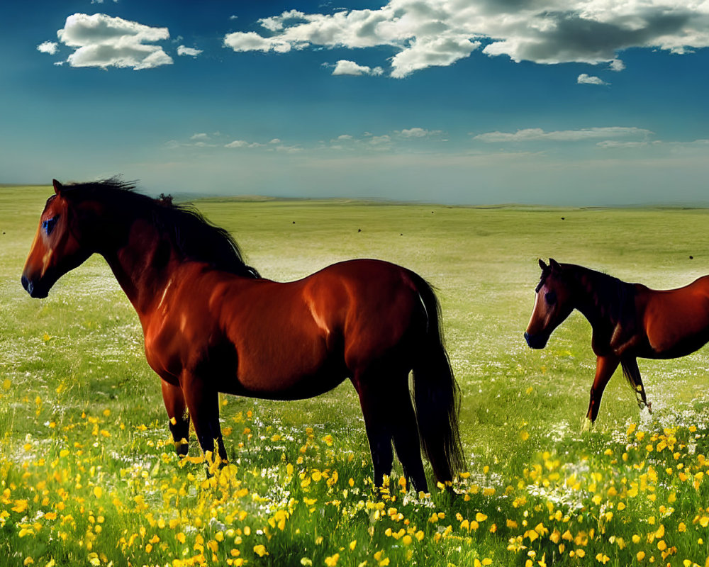 Two horses in green field with yellow flowers under blue sky and scattered clouds