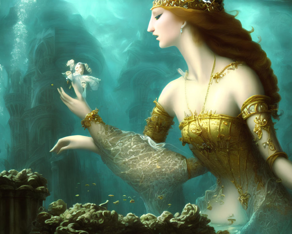 Regal queen in gold-trimmed gown with fairy in ethereal underwater scene