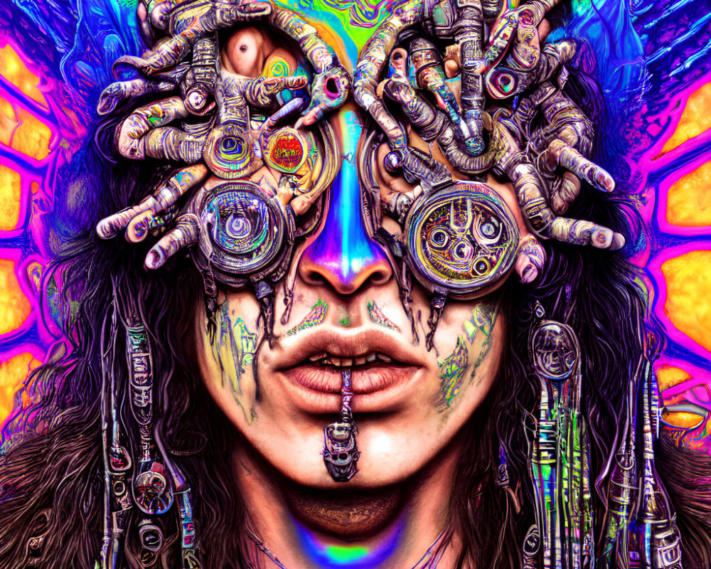 Colorful Psychedelic Portrait with Mechanical Fingers and Cybernetic Designs