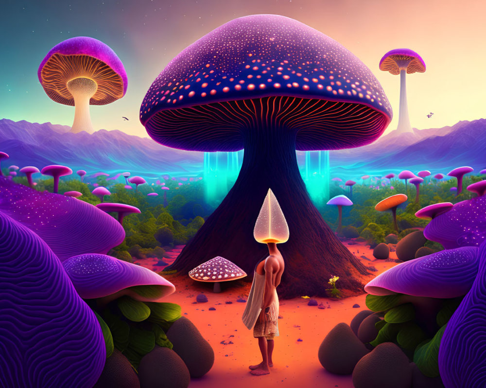 Colorful Giant Mushrooms in Surreal Landscape Under Purple Sunset Sky