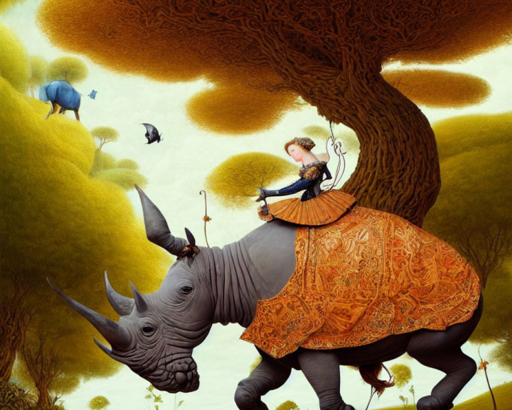 Woman playing violin on rhino's back in surreal landscape