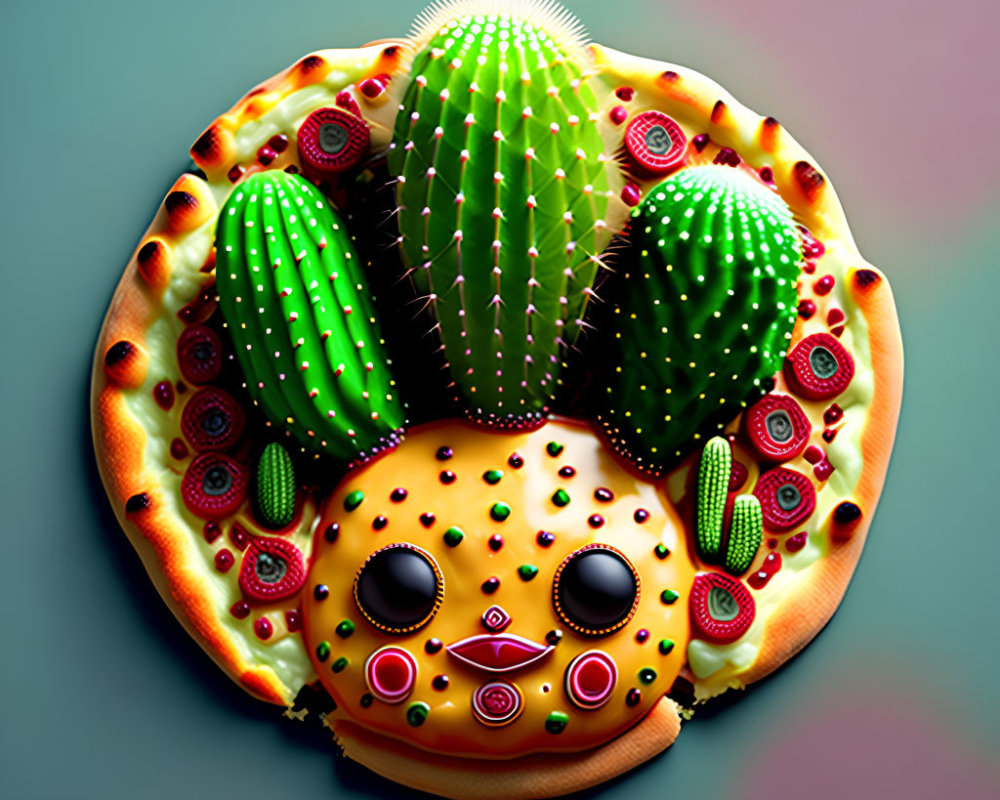 Surreal pizza art with cactus plants and vibrant patterns