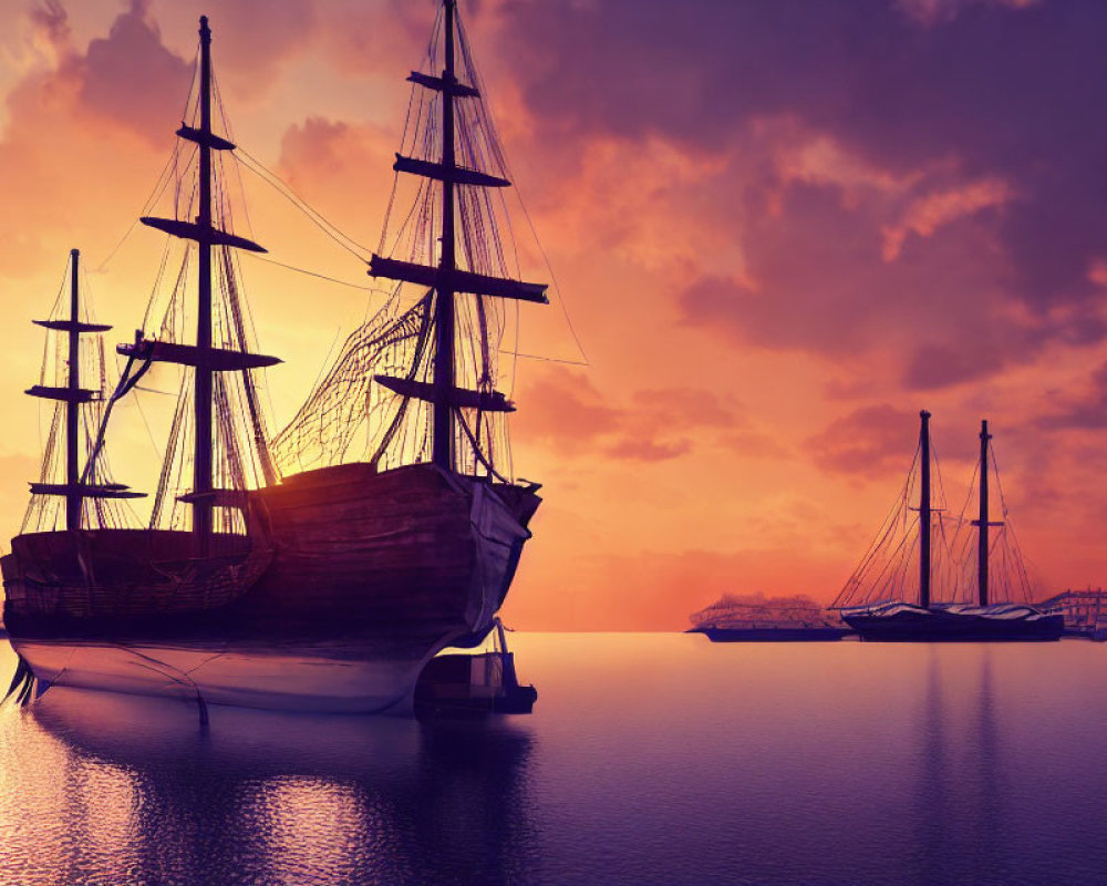 Tall ships at sunset on tranquil waters