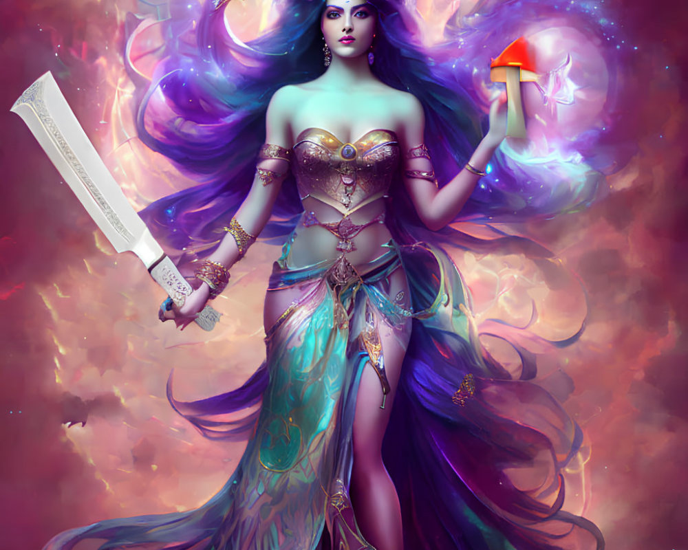 Fantastical illustration of woman with dark hair, sword, chalice, purple and gold attire,